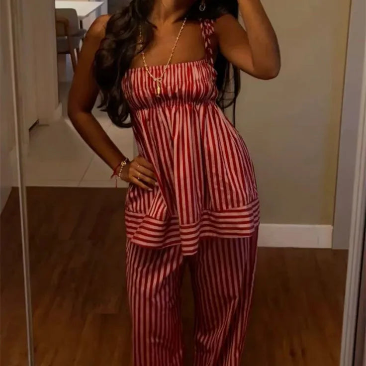 Striped Two Piece Pajama Set With Tie Shoulder Tank Top And Straight Pants