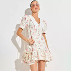 Puff Sleeves Ruffled Mini Dress With Pearl Buttons