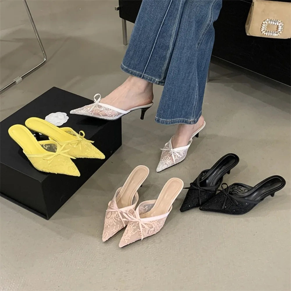 Butterfly Knot Pointed Toe Mules Breathable Mesh