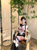Floral Print Mesh Two Piece Set Slim Fit Sleeveless Top And Hip Skirt