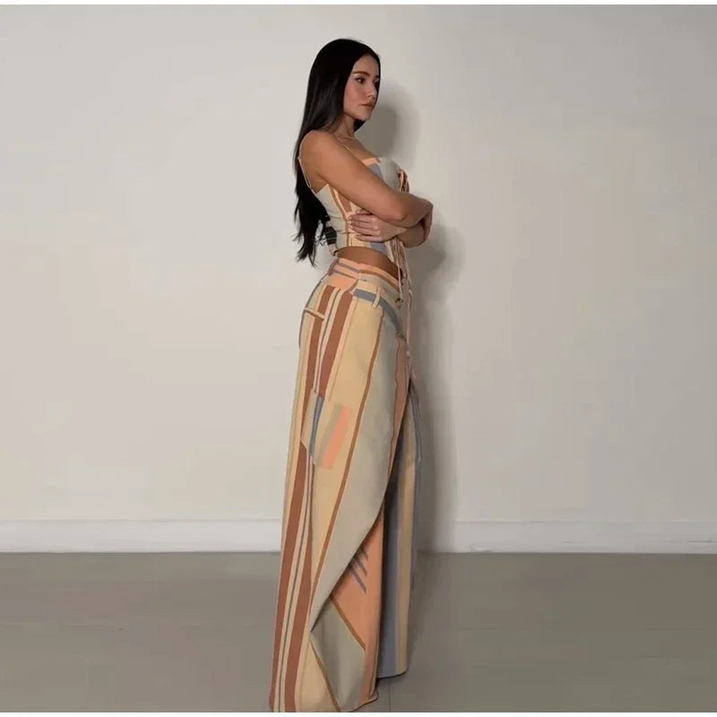 Chic Strips Pants Women Set Patchwork Slash Neck Bandage Top Pleated Asymmetry Trousers