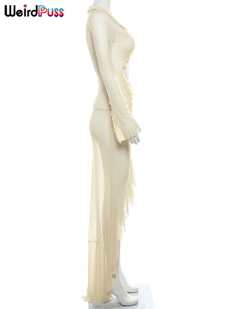 Elegant Sheer Lace Bodycon Dress With Hollow V-Neck Ruffles And Ruched Sides