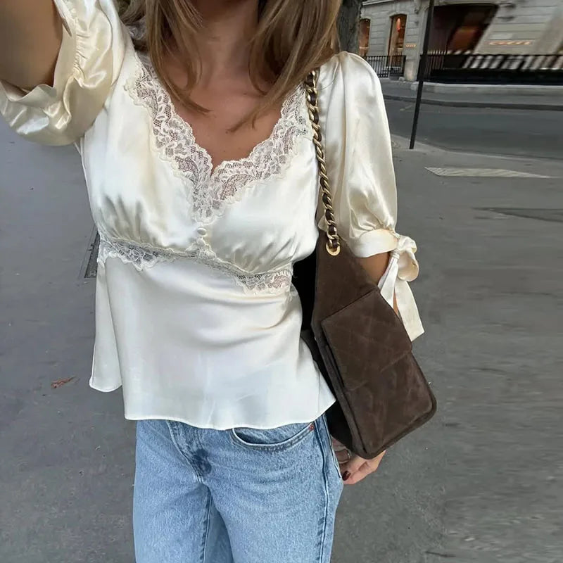 Lace Splicing Female Chic Bow Lace-up V Neck Short Sleeve Shirt