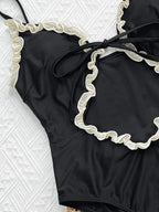 Midnight Patchwork One Piece Swimsuit With Lace Trim Front Tie Hollow Out Design