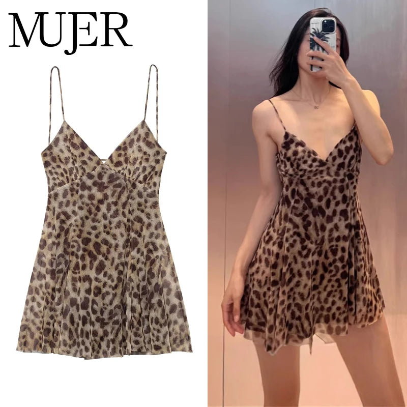 Leopard Print Tulle Slip Dress With Backless Draped