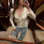 Lace Splicing Female Chic Bow Lace-up V Neck Short Sleeve Shirt