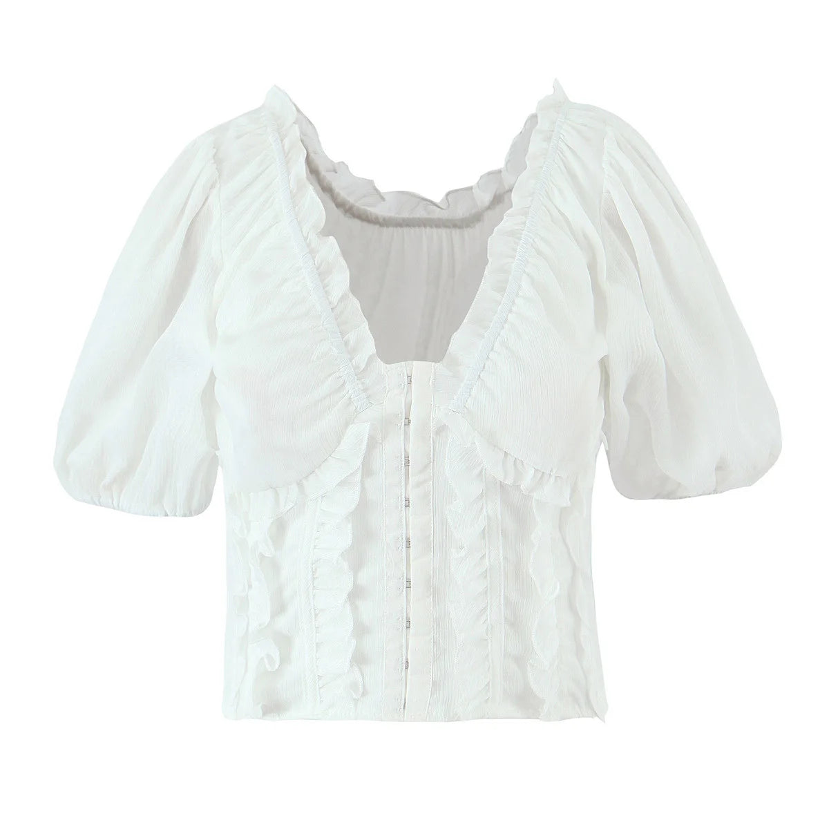Sunlit Vintage Puff Sleeve V Neck White Chiffon Crop Top Blouse