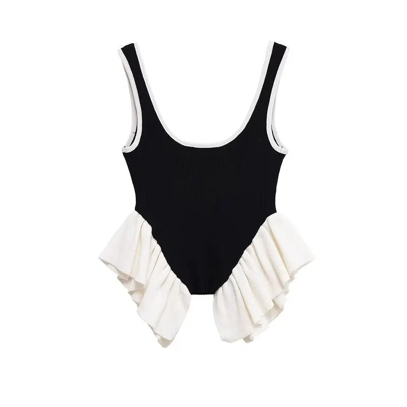 Patchwork Knit Vest Top With Ruffle Trim Summer Round Neck Sleeveless Block Color