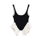 Patchwork Knit Vest Top With Ruffle Trim Summer Round Neck Sleeveless Block Color