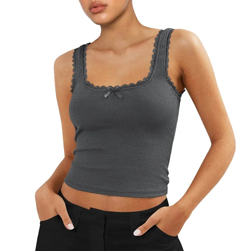 Coquette Lace Trim Knit Crop Top With Bow Sleeveless Square Collar