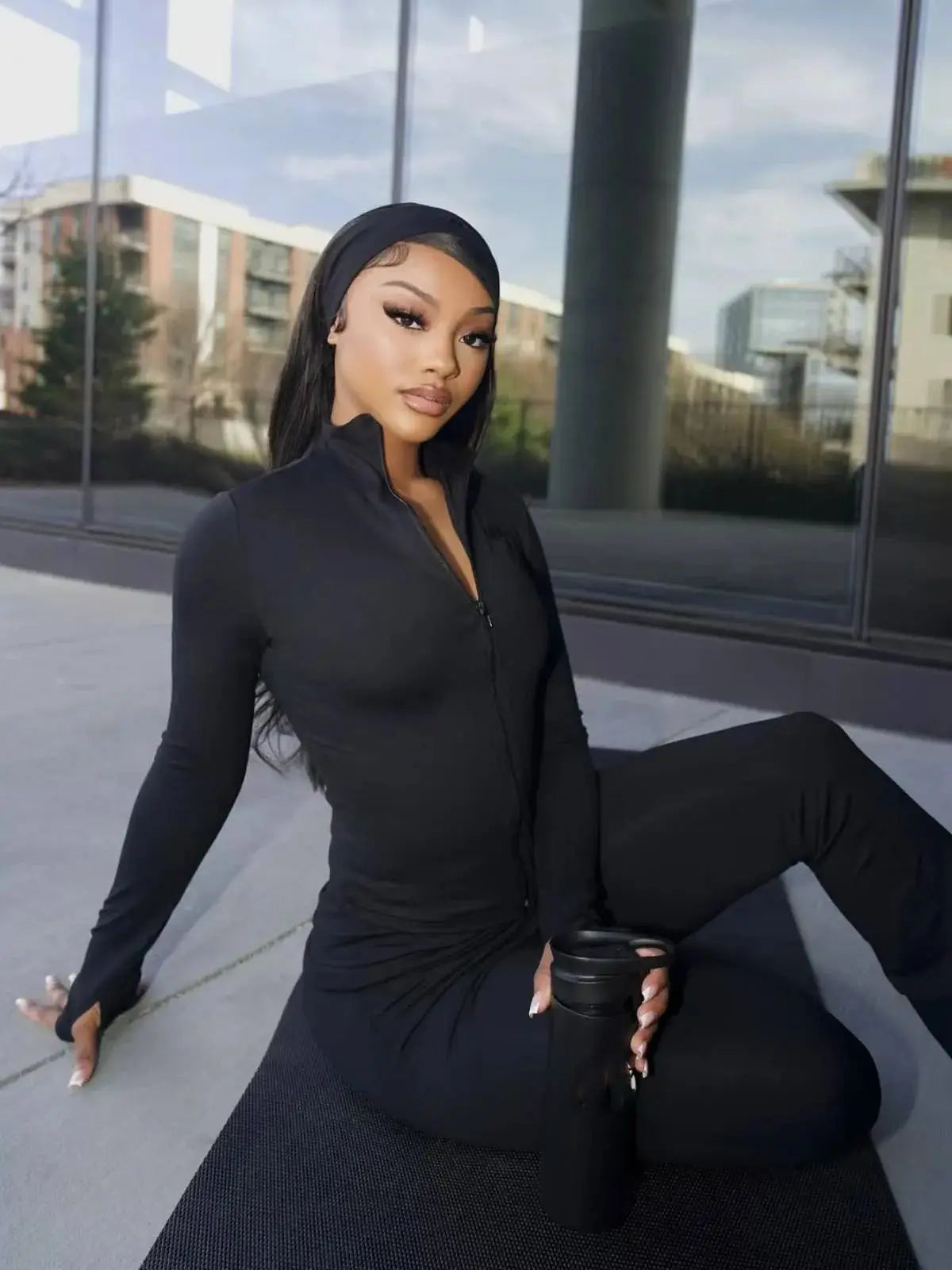 Three Piece Tracksuit Set For Women Zip Crop Jacket And Leggings Headband
