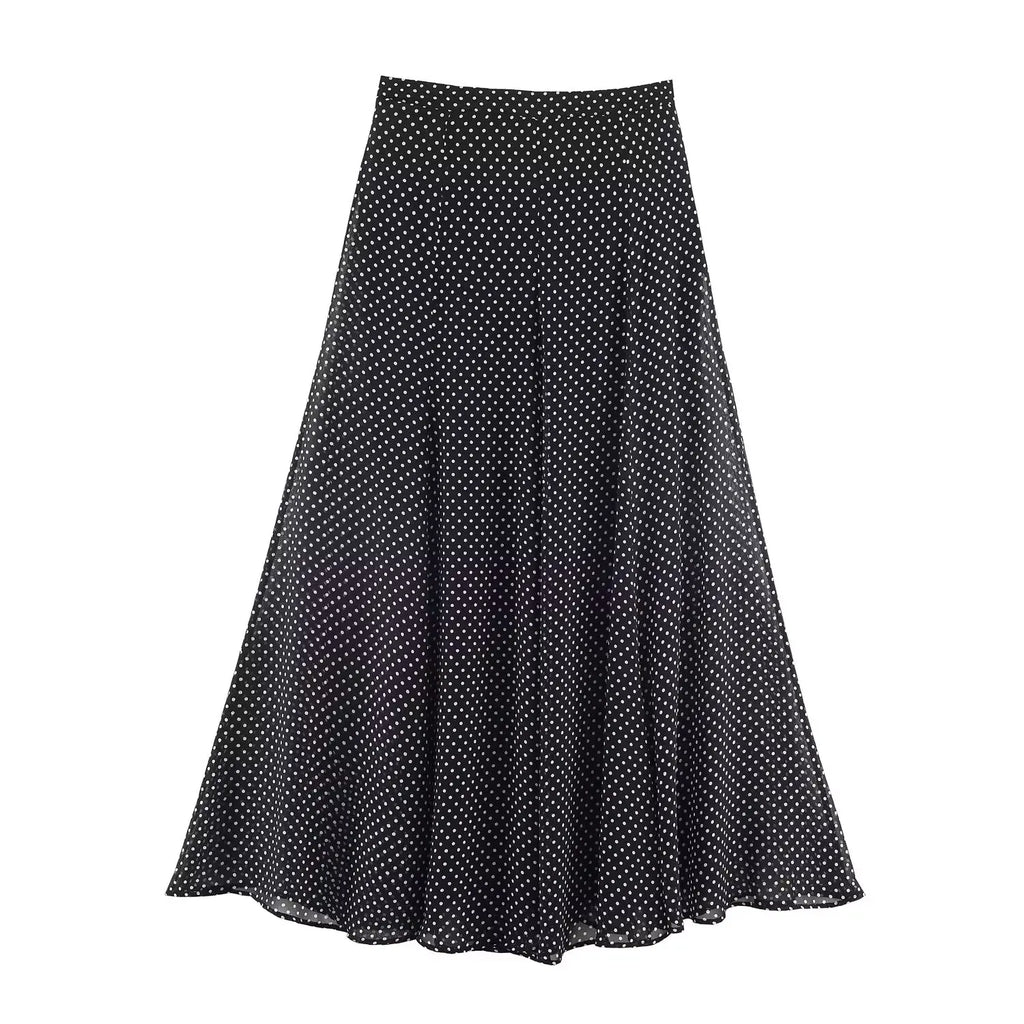 Vintage Polka Dot Chiffon Set With Bow Tie Blouse And Long Skirt