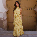 Gradient Flowy Chiffon Three Piece Set With Tube Top Tiered Skirt And Sheer Scarf