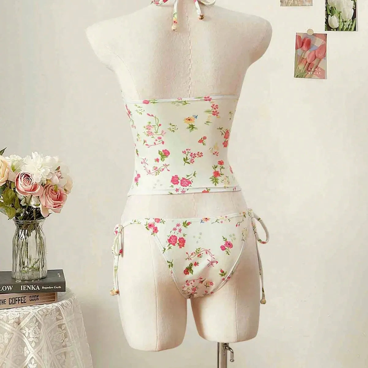Floral Tankini Two Piece Swimsuit Halter Neck High Waist Backless Beachwear