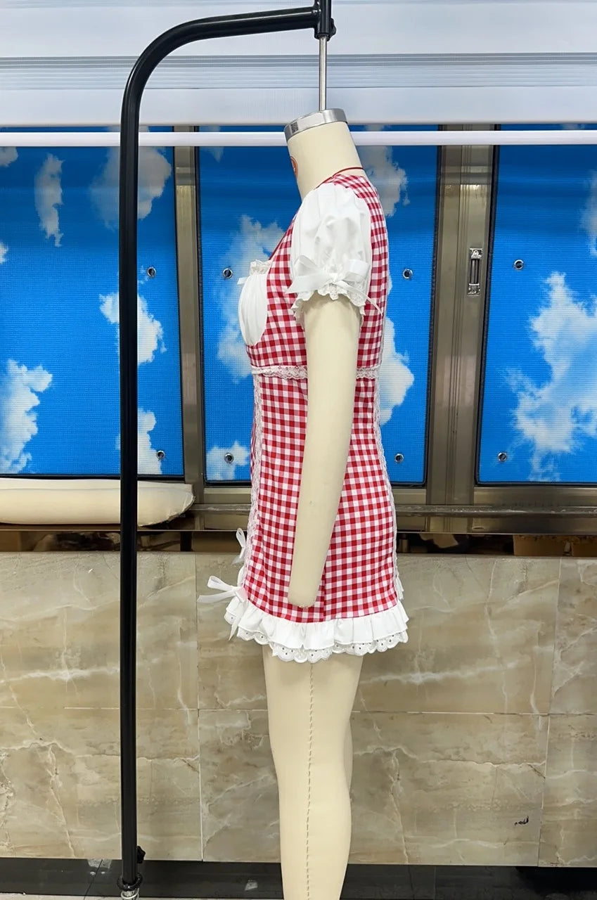 Sweet Vintage Plaid Babydoll Mini Dress With Gingham Lace Trim