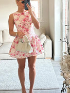 Sleeveless Pink Floral Mini Women High Neck A-line Dress