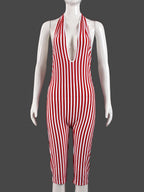 Red Striped Print Backless Halter Playsuit