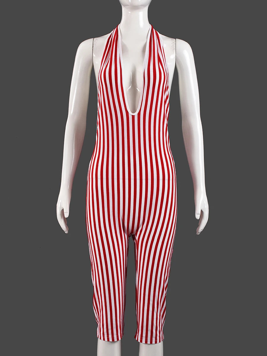 Red Striped Print Backless Halter Playsuit