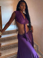 Purple Backless Patchwork Waistless Maxi Dress Irregular Hem