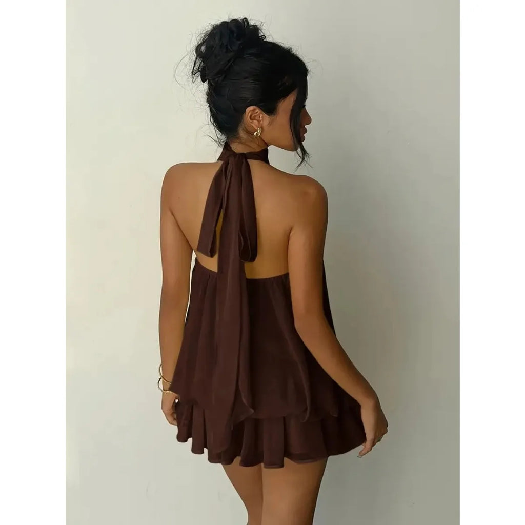 Women's Halter Neck Chiffon Mini Dress - Backless Tie-Front