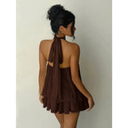 Women's Halter Neck Chiffon Mini Dress - Backless Tie-Front