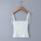 White Lace Trim Crop Top With Ribbon Bow Collar