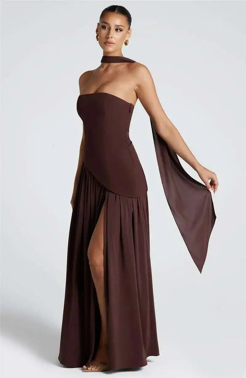 Elegant Off-Shoulder Evening Gown With Patchwork Pleats And Scarf Neck High Split Long Dress
