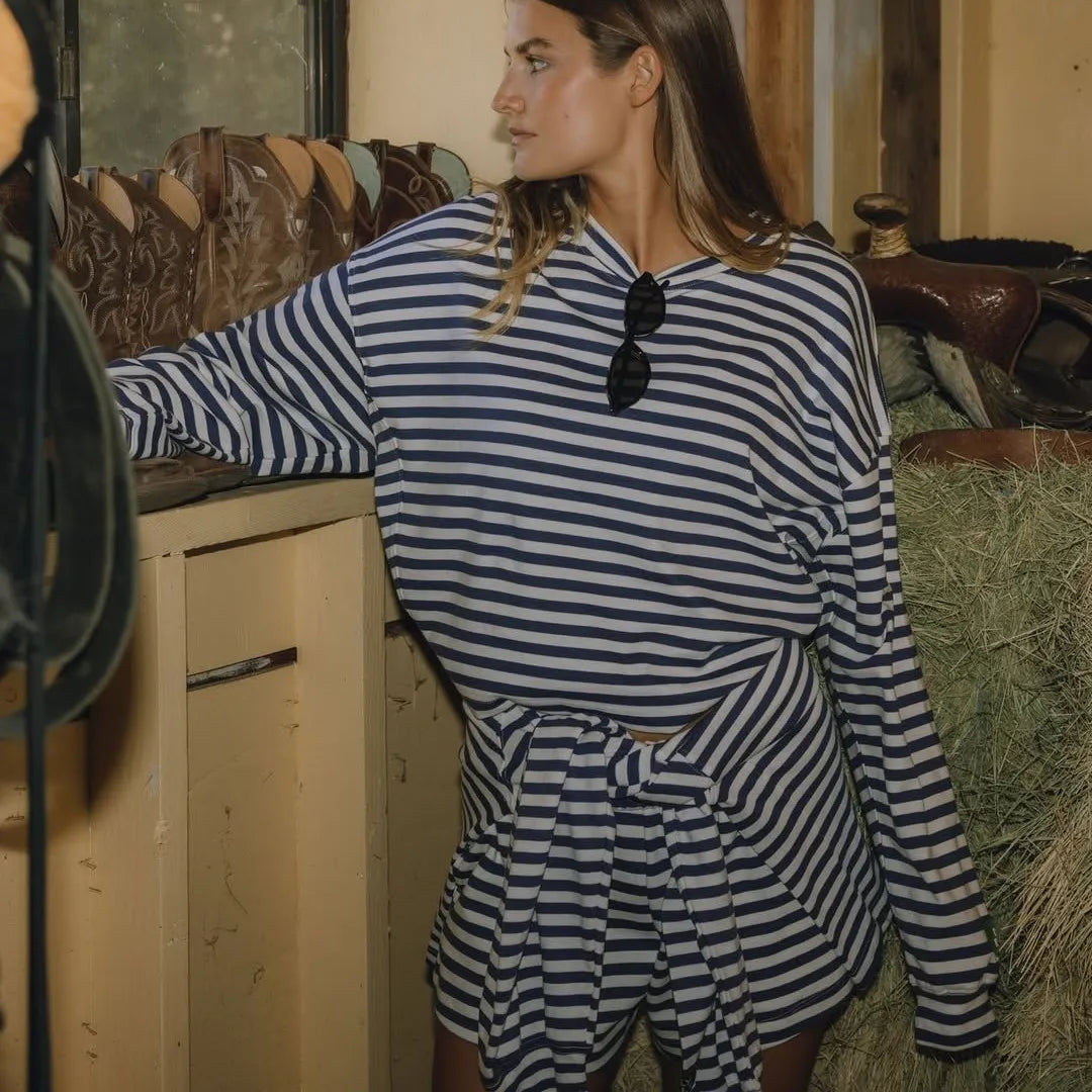 Cozy Striped Knit Lounge Set With Oversized Top And Shorts For Relaxed Comfort Everyday