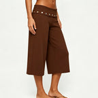 Fold Over Rivet Capri Women With Low Rise Knee Length Stretch Pants