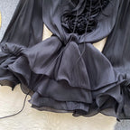 Boho 3D Floral Chiffon Sundress With Long Sleeves Lace Up Ruffle Detail