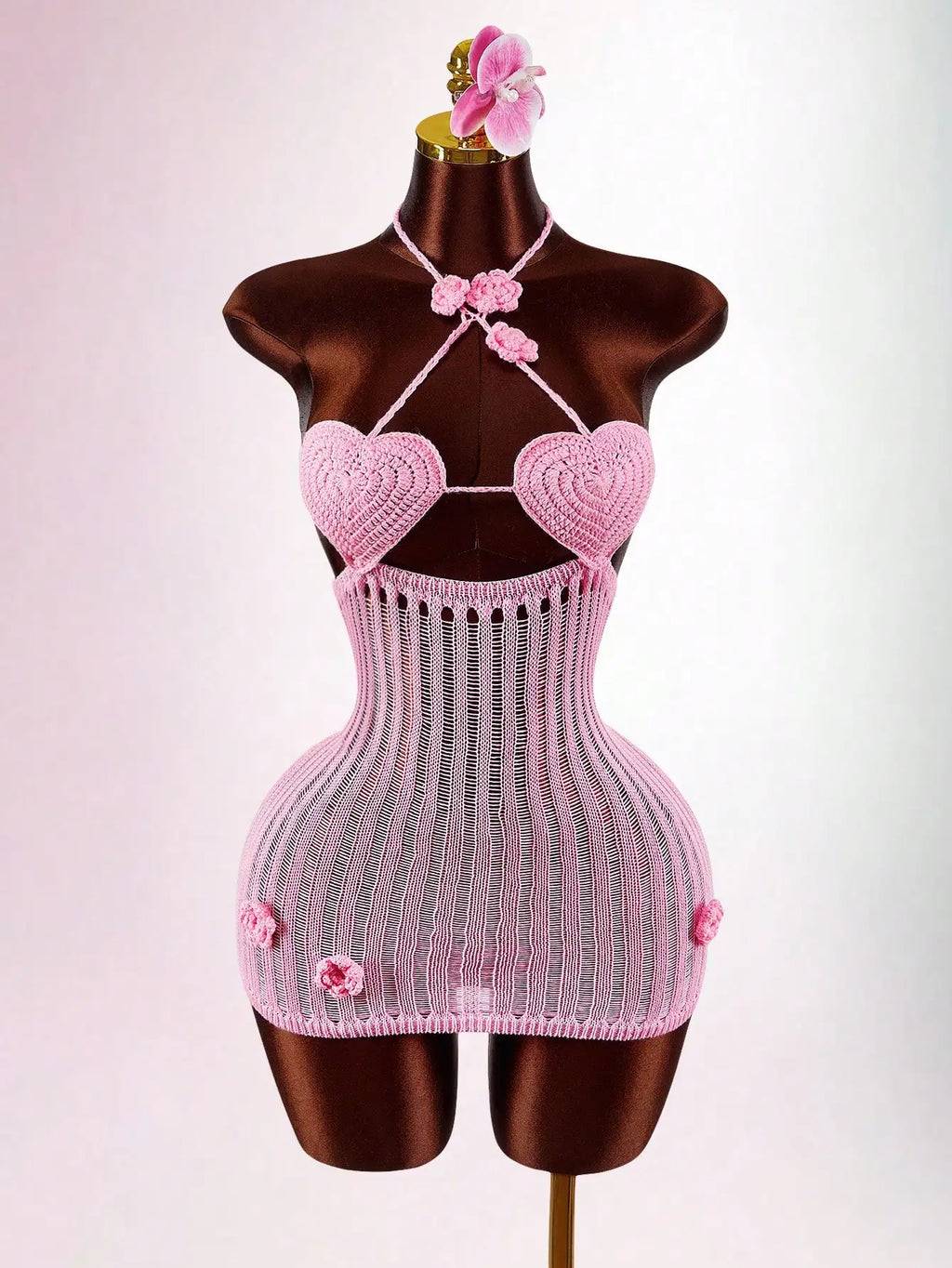 Pink Knitted Set With Sheer Heart Cup Top And Mini Skirt