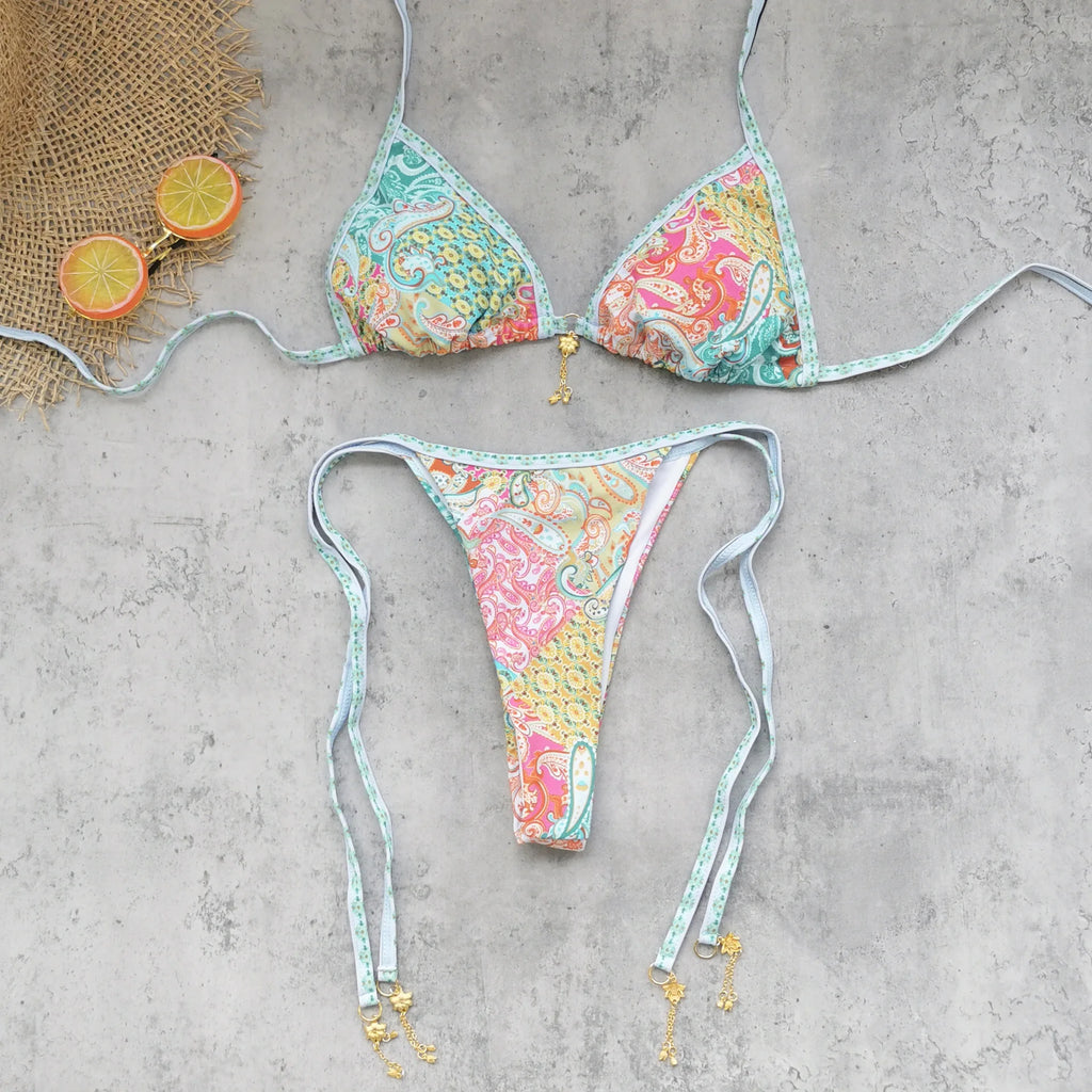 Retro Green Floral Bikini Set With Push Up Top And Cheeky Thong Bottom