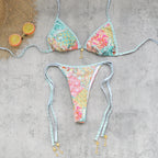 Retro Green Floral Bikini Set With Push Up Top And Cheeky Thong Bottom