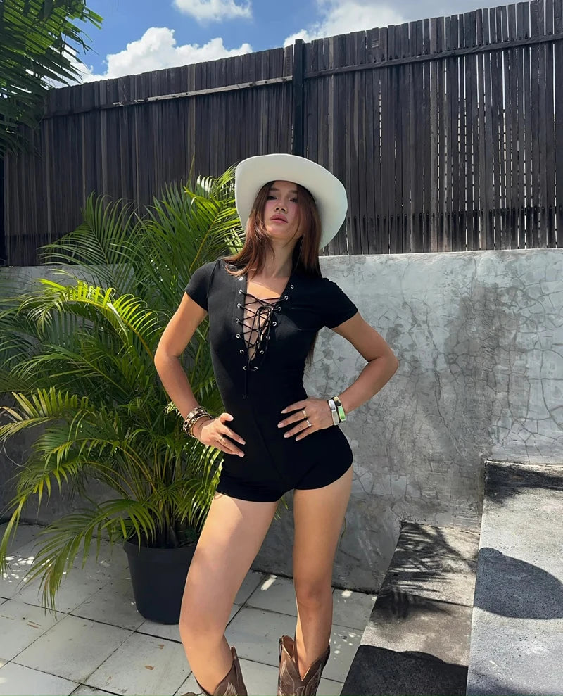 Sexy Lace Up Front Short Sleeve Playsuit In Knit Fabric Flirty One Piece Romper