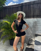 Sexy Lace Up Front Short Sleeve Playsuit In Knit Fabric Flirty One Piece Romper