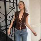 Flirty Lace Sheer V Neck Sleeveless Crop Top With Button Front Slim Fit