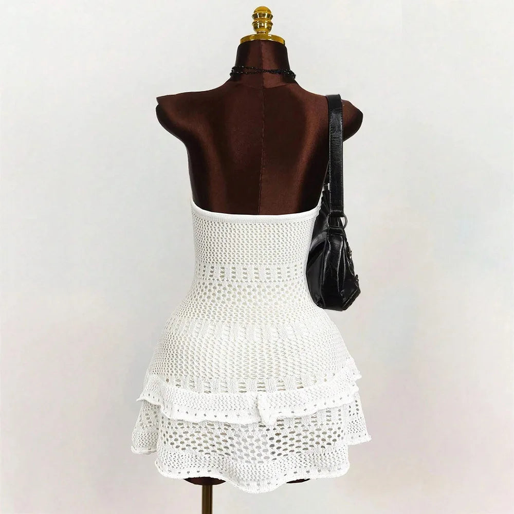 Sexy Women Knit Beach Dress Hollow Out Sleeveless Bikini Cover-Ups Mini Dress