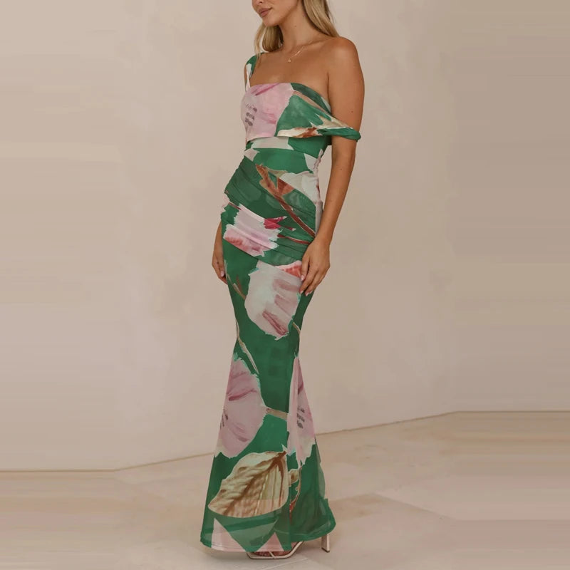 Elegant Floral Mesh Maxi Dress Sleeveless With Slash Collar