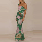 Elegant Floral Mesh Maxi Dress Sleeveless With Slash Collar