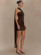 One Shoulder Backless Mini Dress With Draped Ruched Silhouette