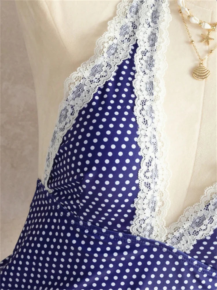 Blue Polka Dot Bikini Set With Lace Trim V Neck Tank Top And Tie Side Thong Bottom For Summer Beach Days