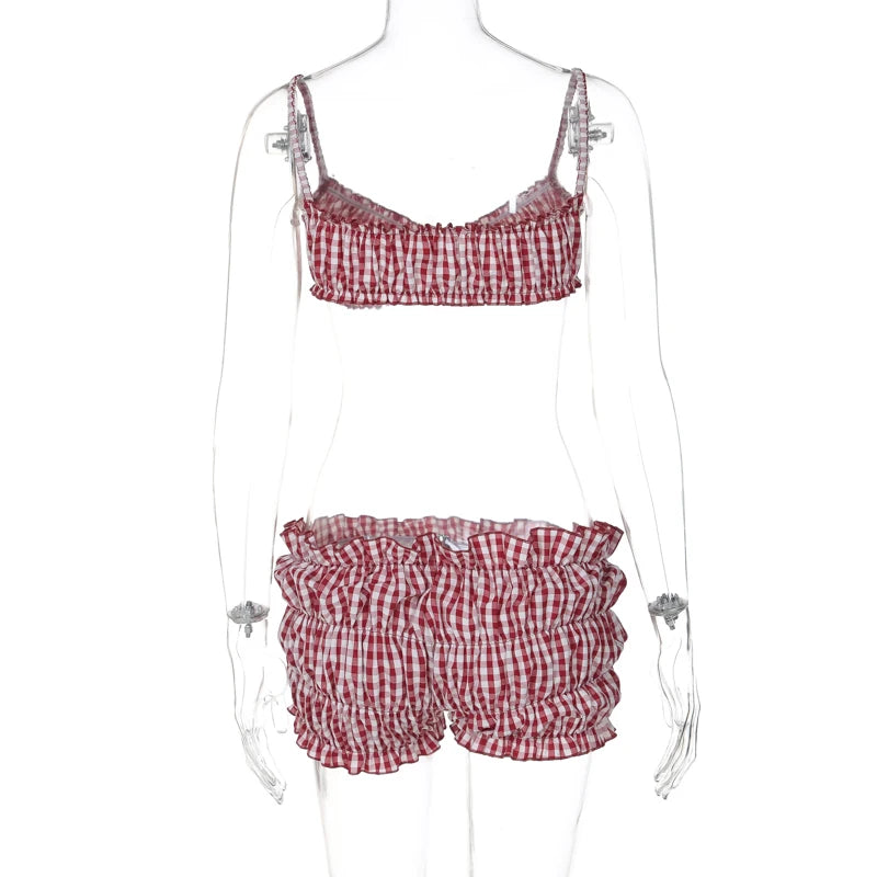 Stripe Two Piece Set With Elastic Camisole And Ruched Shorts l