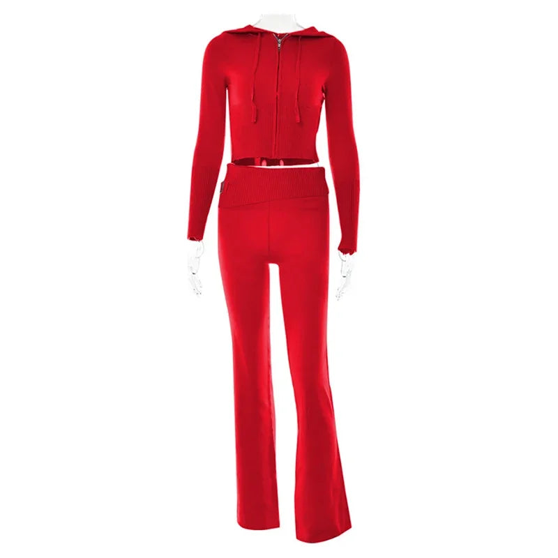 Ribbed Knit Two Piece Tracksuit Set With Hooded Crop Top And Elastic Zippered Pants