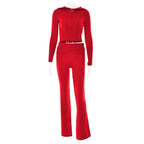 Ribbed Knit Two Piece Tracksuit Set With Hooded Crop Top And Elastic Zippered Pants