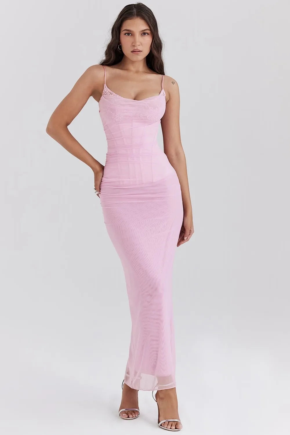 Elegant Mesh Patchwork Bodycon Dress With Spaghetti Straps And Double Layered Zipper Detail
