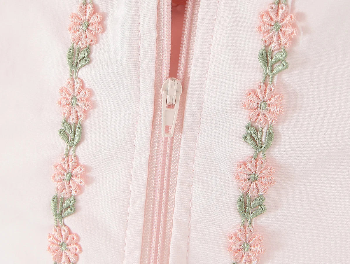 Pink Embroidered Floral Halter Corset Camisole With Ruched Chest Bow And Cross Lacing