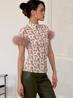 Patchwork Feather Sleeve Turtleneck Top Short Sleeve Tee