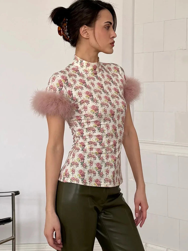 Patchwork Feather Sleeve Turtleneck Top Short Sleeve Tee