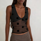 Polka Dot Sheer Mesh Crop Top With Sequins For Women Flirty Tank Blouse Shimmering Lightweight