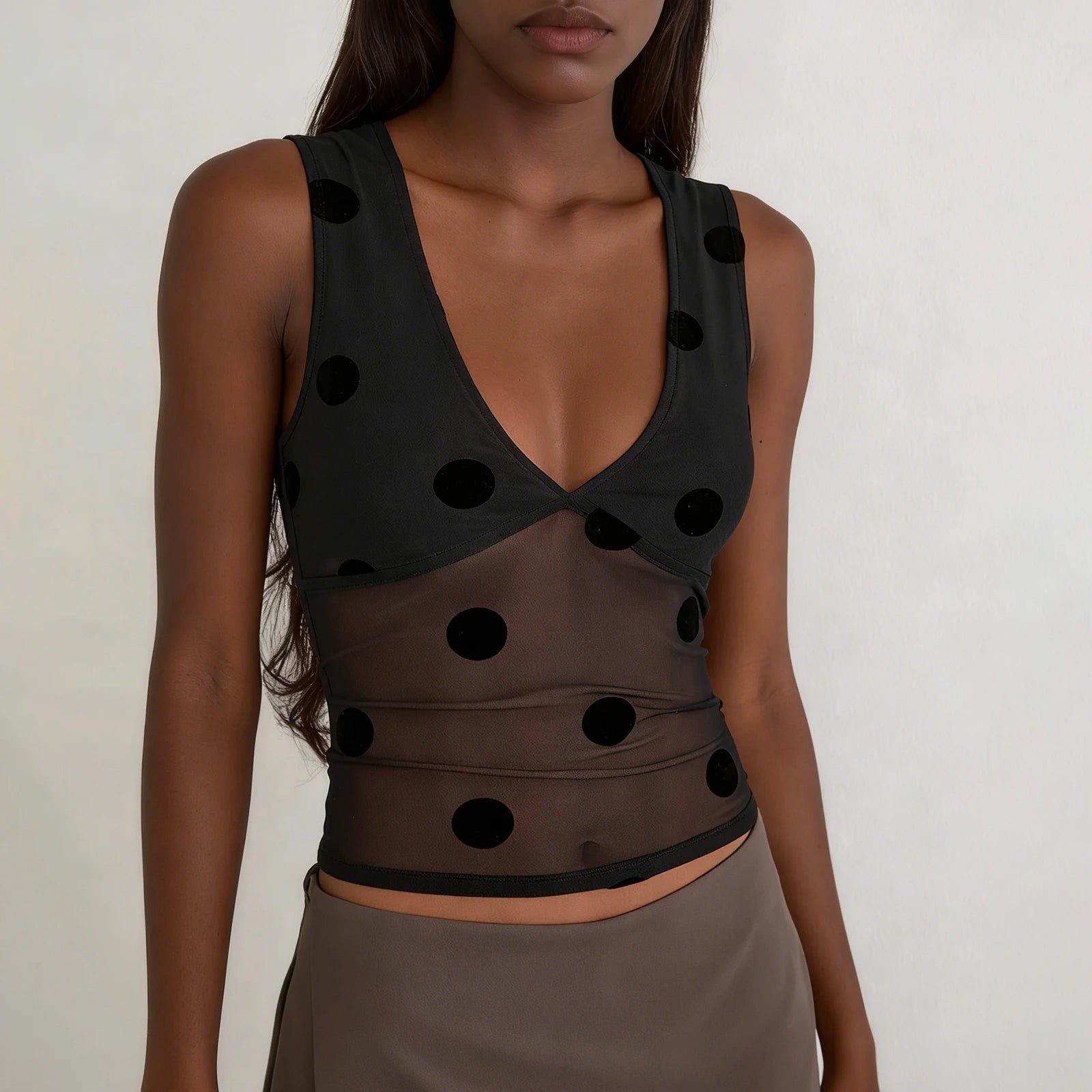 Polka Dot Sheer Mesh Crop Top With Sequins For Women Flirty Tank Blouse Shimmering Lightweight